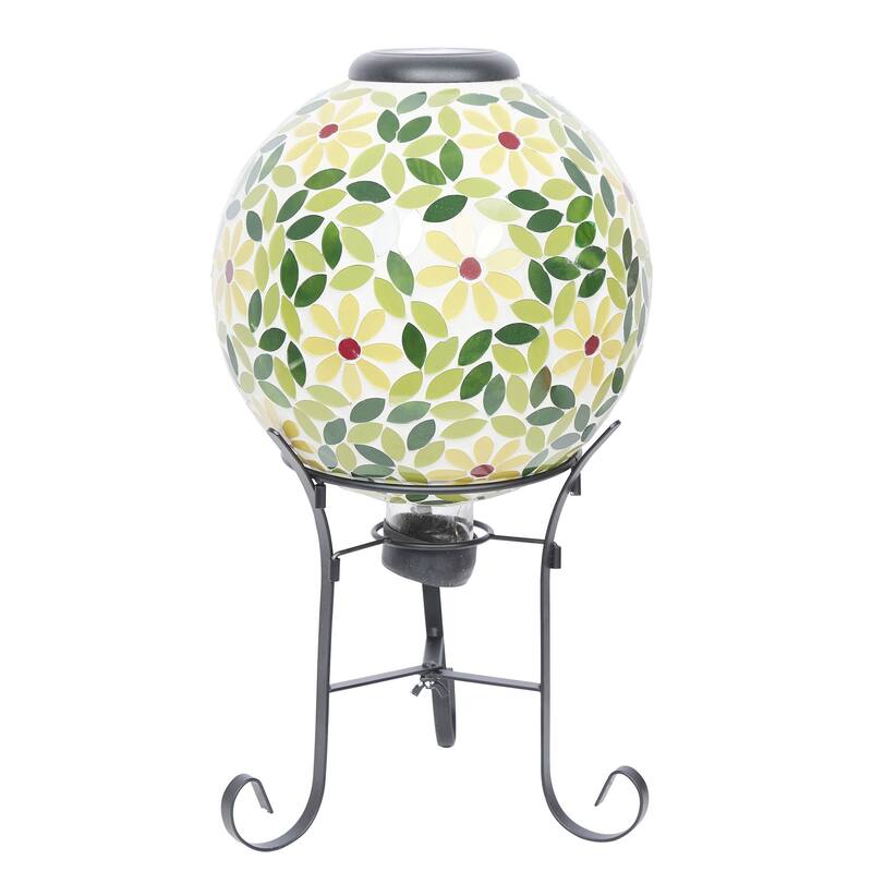 Alpine Corporation GRS1190A-SLR 11" Solar-Powered Floral Mosaic Glass Gazing Globe with Metal Stand, Yellow