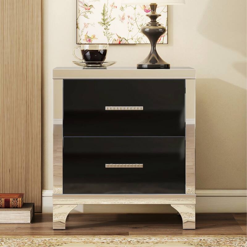 Elegant High Gloss Nightstand with 2 Drawers for Bedroom,Living Room