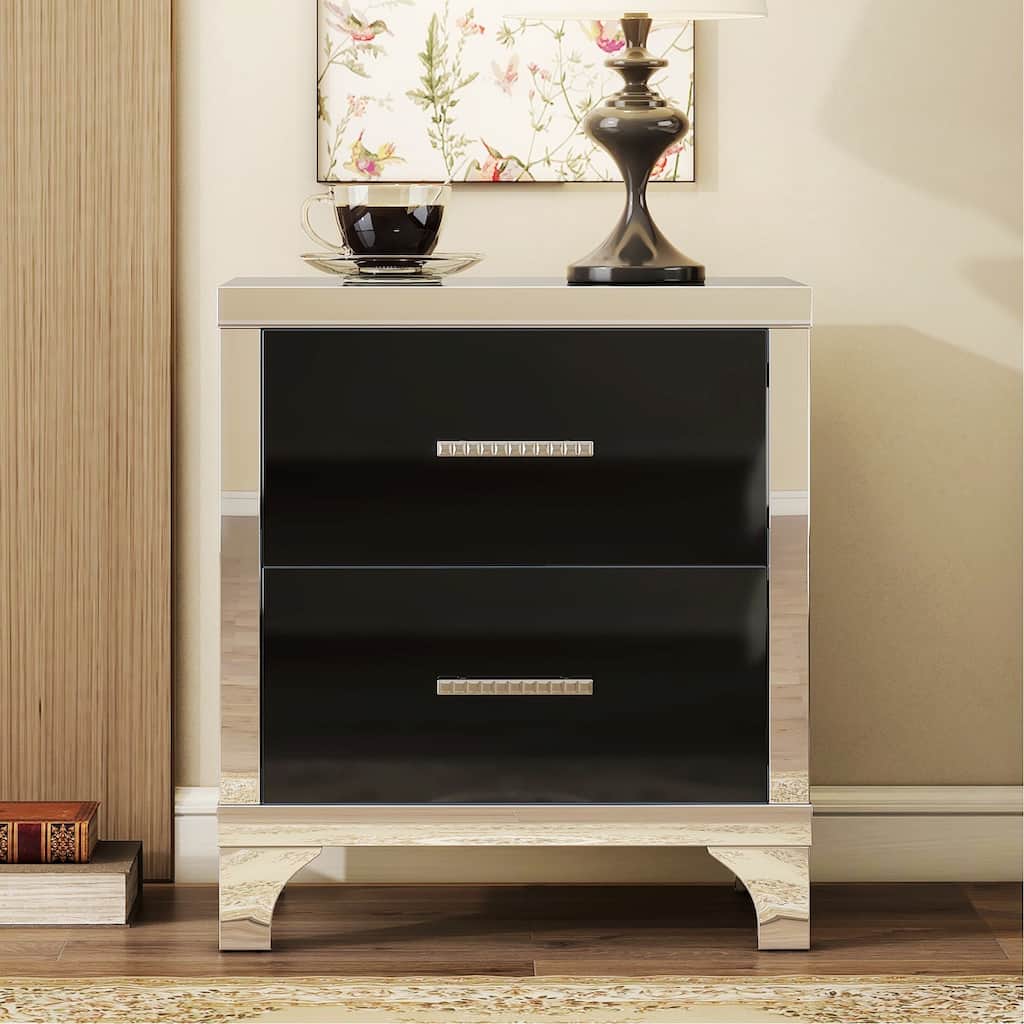 Elegant High Gloss Nightstand with 2 Drawers for Bedroom,Living Room