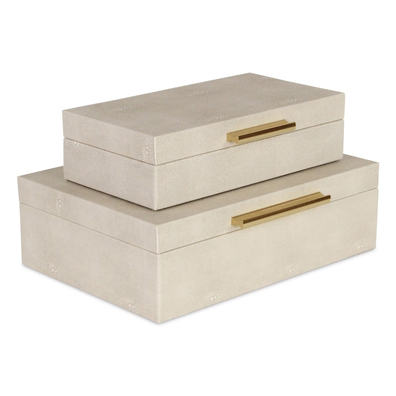 Set of 2 White Rectangular Faux Shagreen Decorative Box with Handles 11.75"