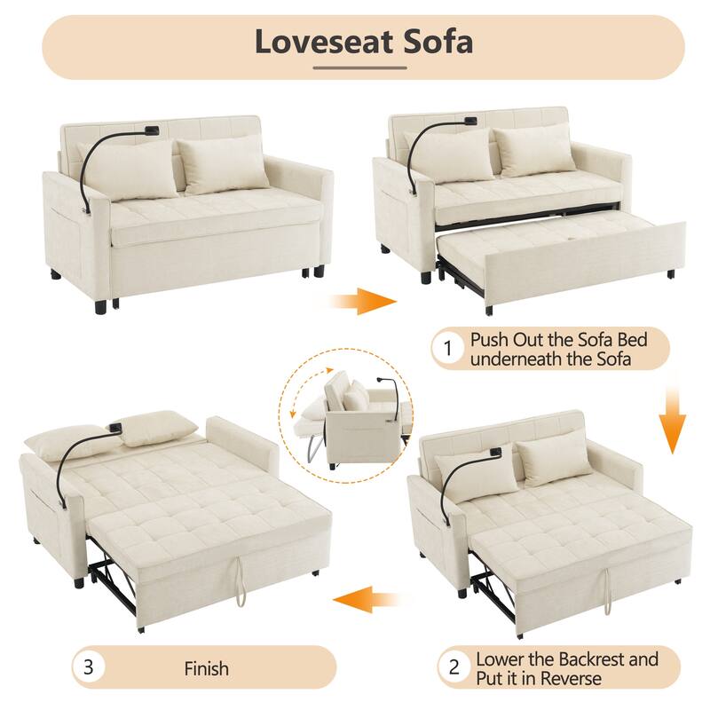 Roomfitters Loveseat Pull-Out Sofa Bed with Reversible Backrest Cushion, Side Pockets, USB Ports, and Phone Holder