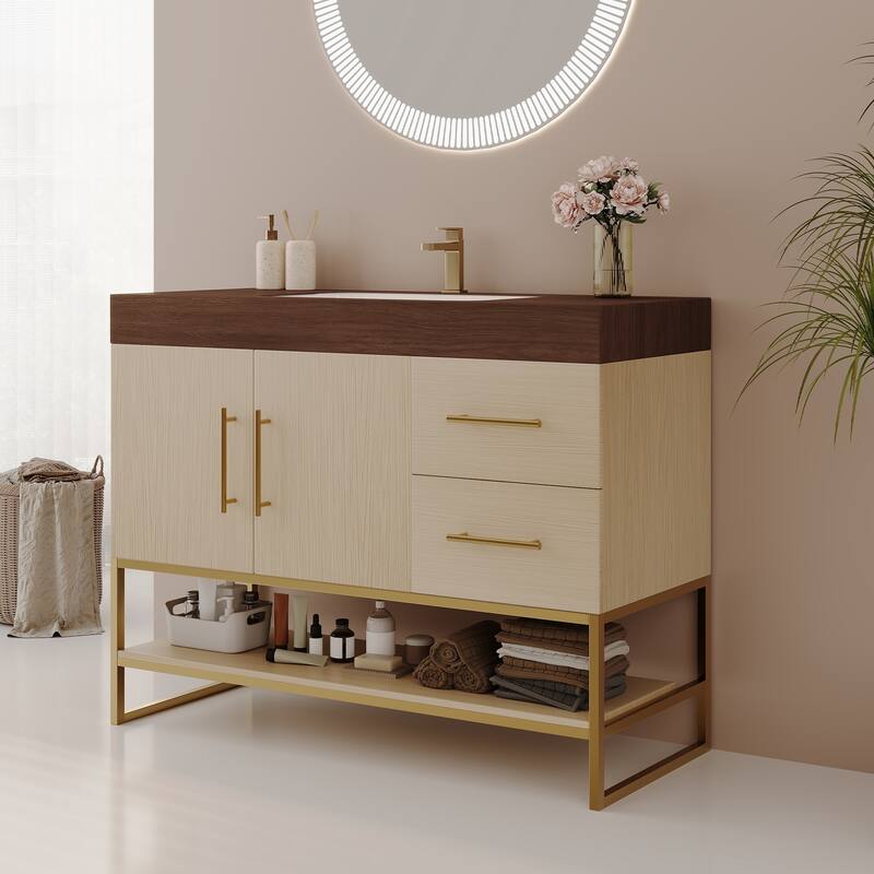 GDFStudio - Luxury 36" Freestanding Sintered Stone Bathroom Vanity with Seamless Ceramic Sink, Open Storage & Soft-Close Drawers