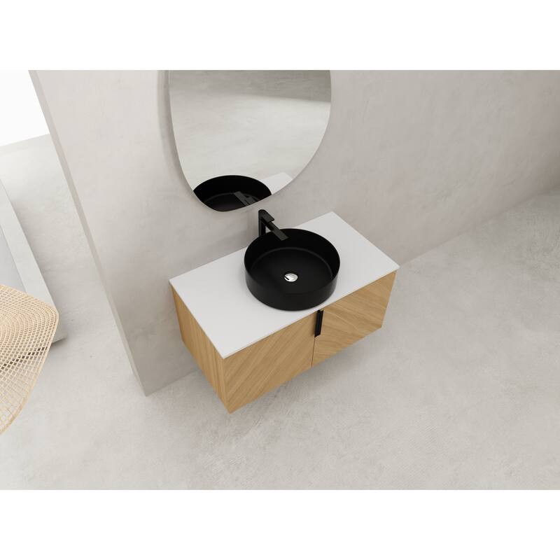 36" Wall-Mounted Bathroom Vanity With Ceramic Art Sink, and Storage Shelves, Soft-Close Door, KD-Packing, Plywood