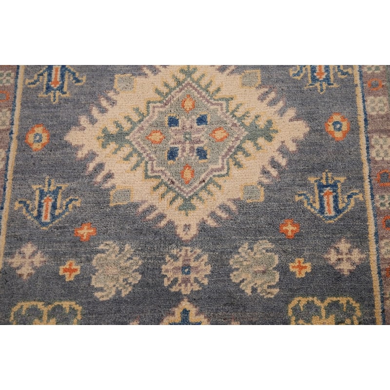 Gray Geometric Kazak Accent Rug Handmade Oriental Wool Carpet - 2'7" x 4'1"