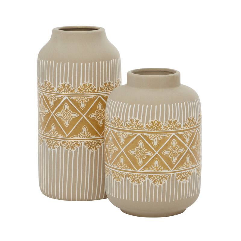Beige Ceramic Handmade Floral Decorative Vase with Diamond Pattern (Set of 2)