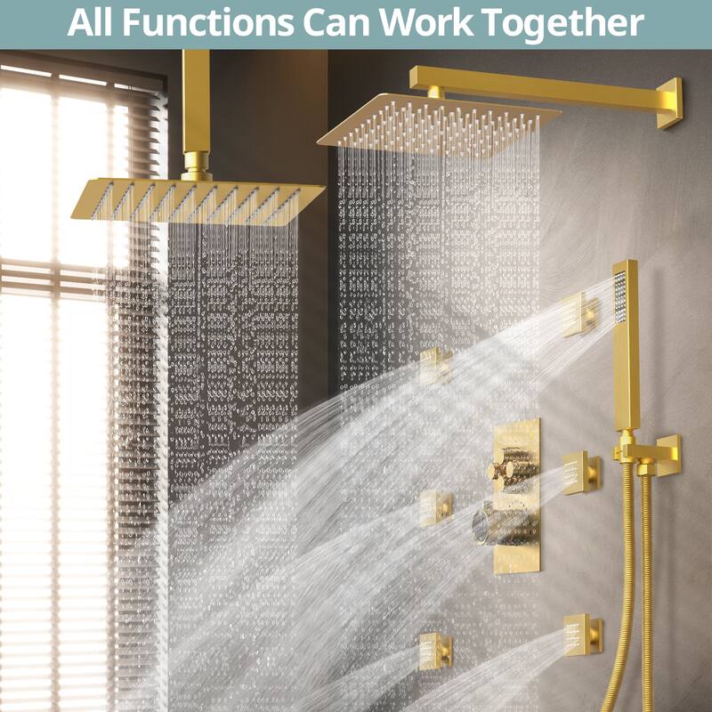 Dual Heads Thermostatic Shower System 12" Wall Rain Shower Head & 12" Ceiling High Pressure Shower Faucet with 6 Body Jets