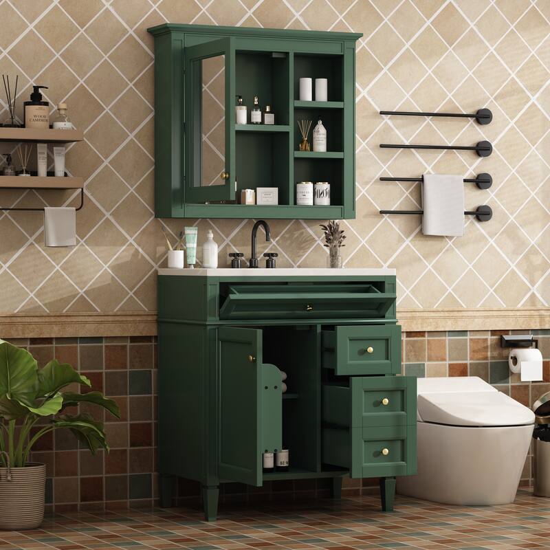 30'' Bathroom Vanity Set with Mirror Cabinet, Freestanding Bathroom Storage Cabinet with 2 Drawers and a Tip-out Drawer