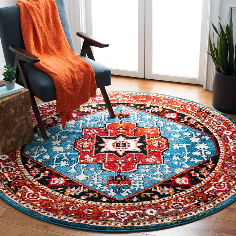 SAFAVIEH Vintage Hamadan Namita Traditional Oriental Medallion Rug - 6'7" Round - Red/Blue