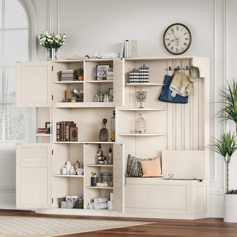 2-in-1 Hall Tree & Storage Cabinet for Living Room, Multifunctional Left-Right Combination Hall Cabinet with Bench and 4 Hooks