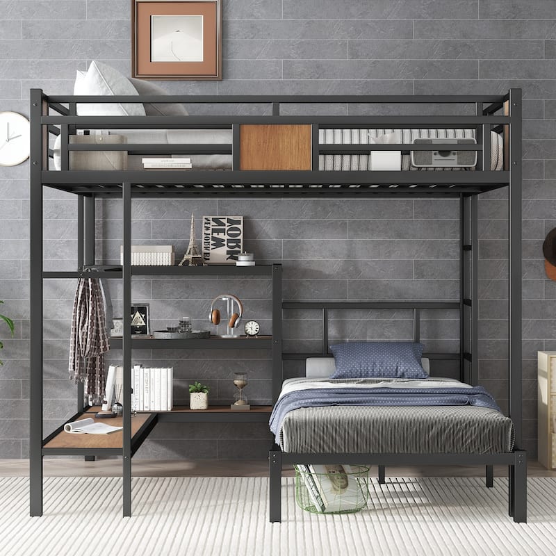 Queen Over Twin Bunk Bed with Storage Area Shelves Hangers Noise Reduced Black