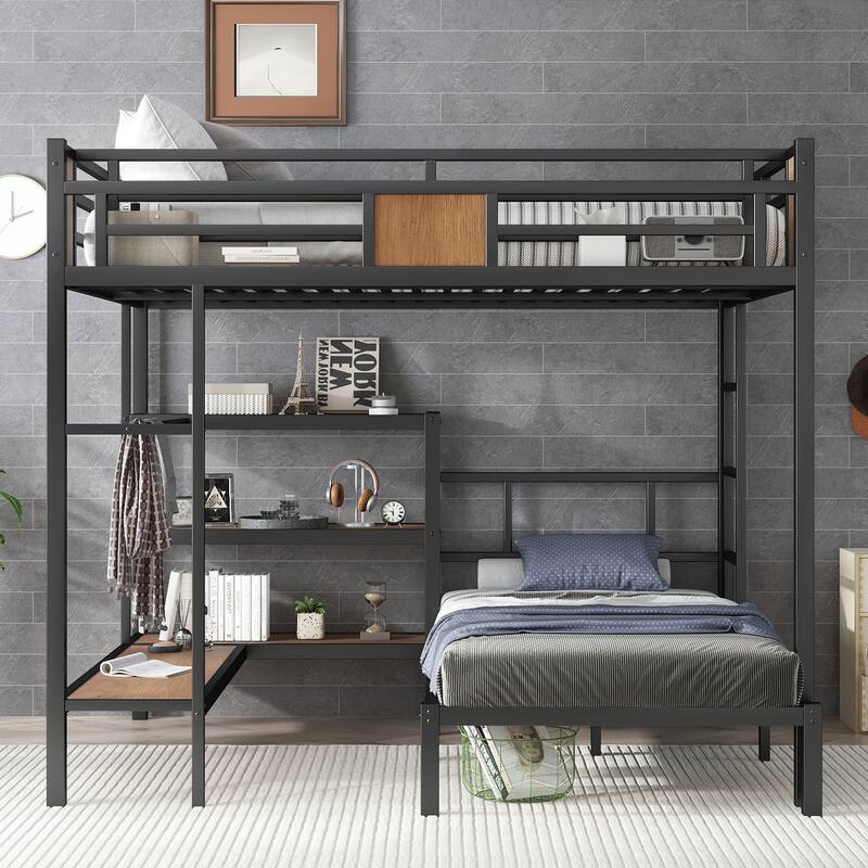 Queen-over-Twin Metal Bunk Bed with Upper Storage Area, Lower Shelves and Hangers