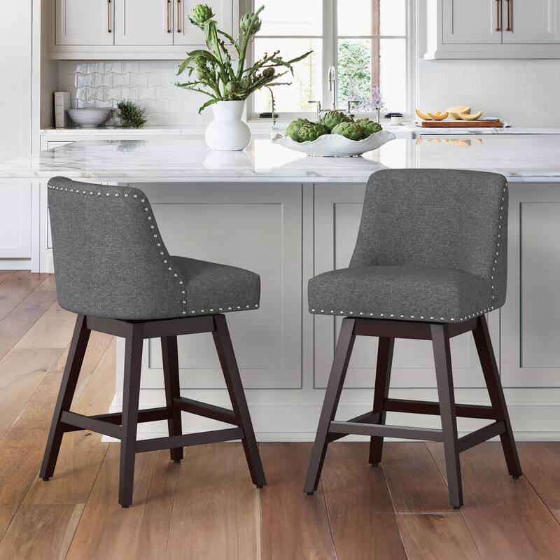 Modern 26 in. H Counter Height Bar Stools Upholstered 360 Free Swivel Counter Stools with Nailhead Trim - Set of 2 - Grey