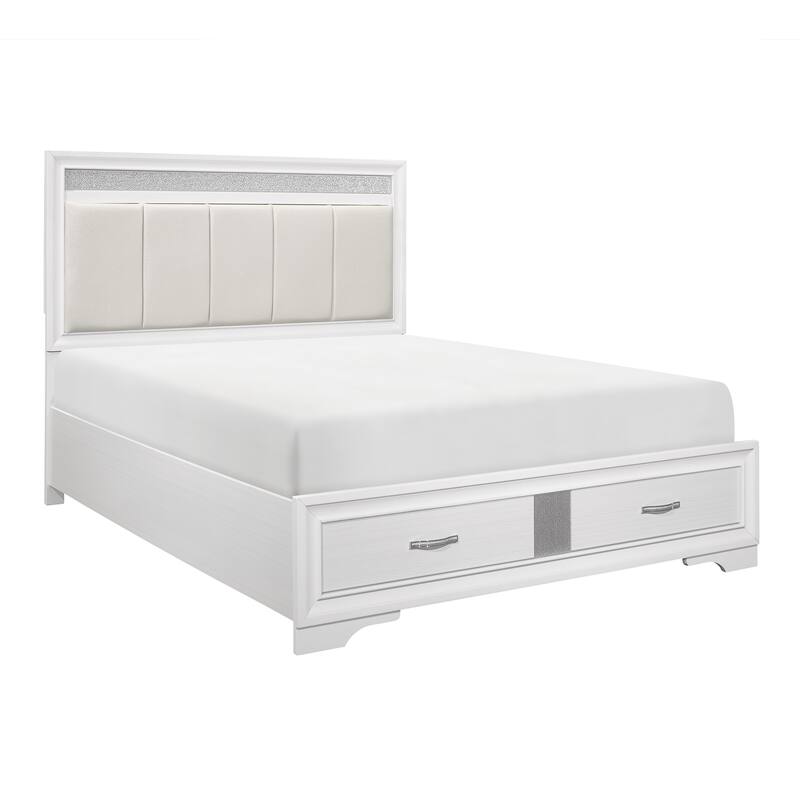Queen Platform Bed with Drawers Storage, Upholstered Headboard, Silver Glitter Accent, White Finish