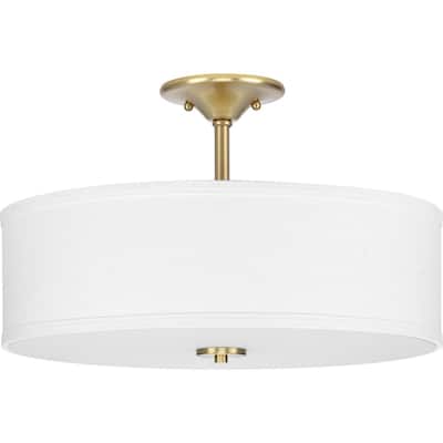 Inspire Collection 18" Three-Light Transitional Satin Brass Summer Linen Glass Semi-Flush Mount Light - 18 in x 18 in x 11.5 in