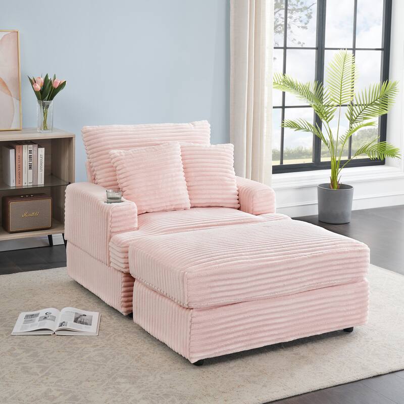 Pink 39.37" Corduroy Upholstered Single Armchair Sofa with Ottoman and Cup Holder for Lving Room