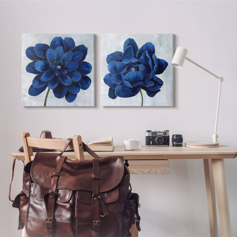Stupell Bold Royal Blue Florals Blooming Chic Petal Flower 2pc Multi Piece Canvas Wall Art Set - Grey
