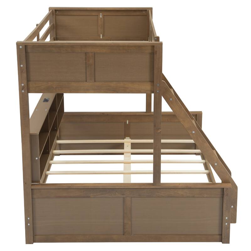 Twin XL over Queen Bunk Bed with Storage Cabinets and USB Ports in Antique Wood Finish