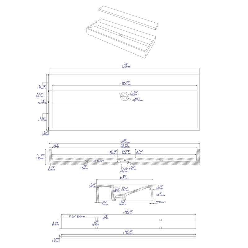 ALFI brand 48" Solid Concrete Gray Matte Trough Sink for the Bathroom