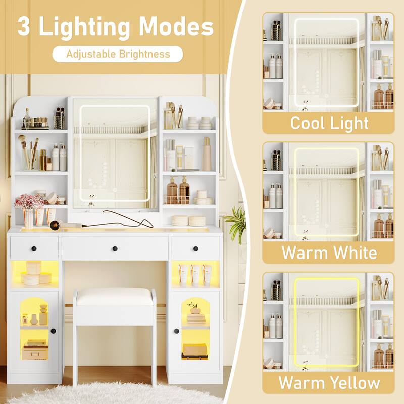 Roomfitters 43.2" Makeup Vanity Desk with LED Lighted Mirror, Glass Door Cabinets, Charging Station and Stool