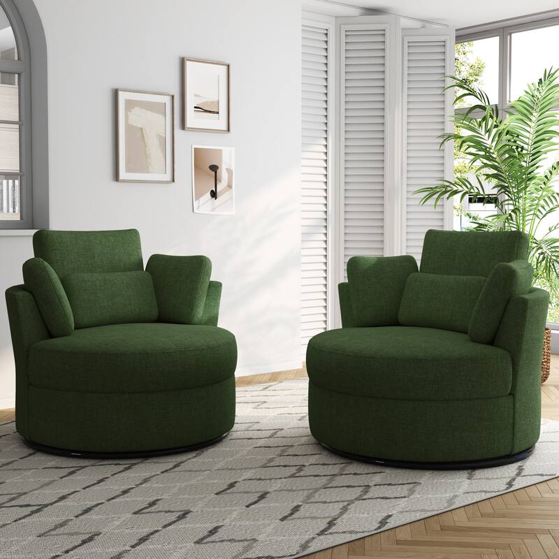 Set of 2 Upholstered Swivel Accent Barrel Chairs with Toss Pillows - Chenille - Green/Chenille