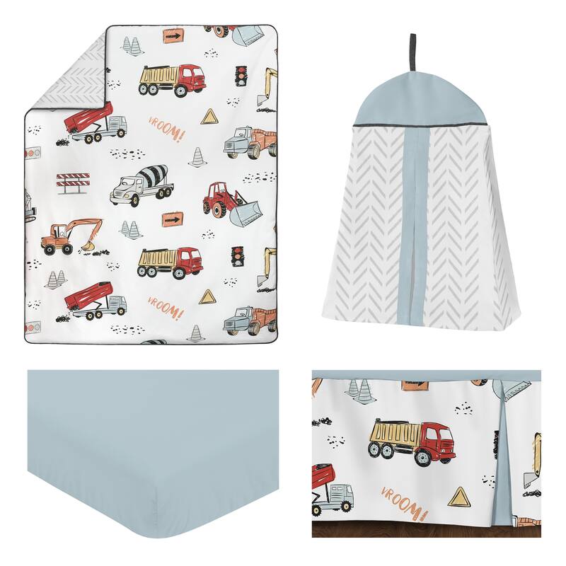 Sweet Jojo Designs Construction Truck Boy 4pc Nursery Crib Bedding Set - Grey Yellow Orange Red and Blue Transportation