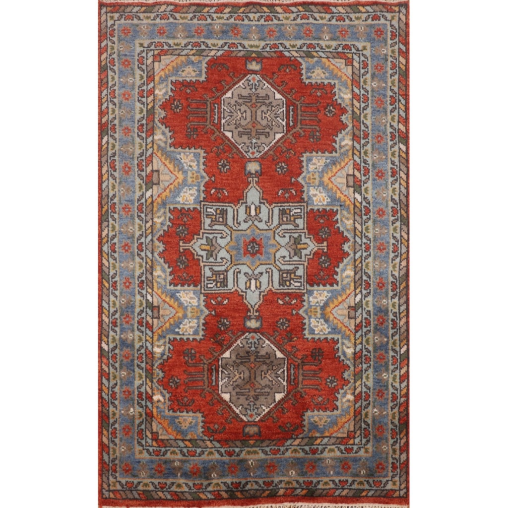 Orange Geometric Heriz Serapi Rug Hand-Knotted Wool Carpet - 3'0" X 5'11"