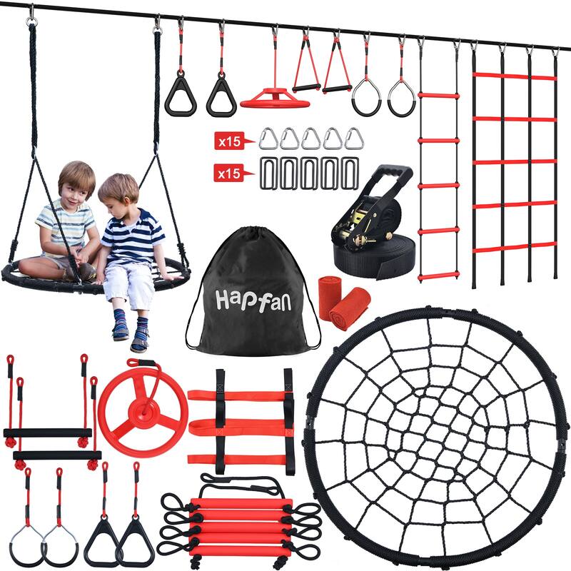 50 ft Ninja Warrior Obstacle Course for Kids with Swing, Tree Slackline Jungle Gym Outdoor