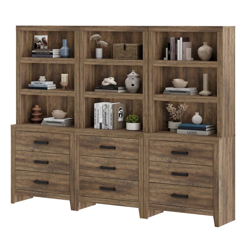 3-Tier Bookshelf with 3 Large Drawers, 74" Tall Farmhouse Bookcase with Wide Metal Handles, for Living Room, Office, Library