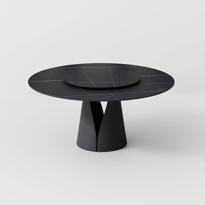 Modern Round White Dining Table，Sintered Stone Tabletop, Solid Black Carbon Steel Base