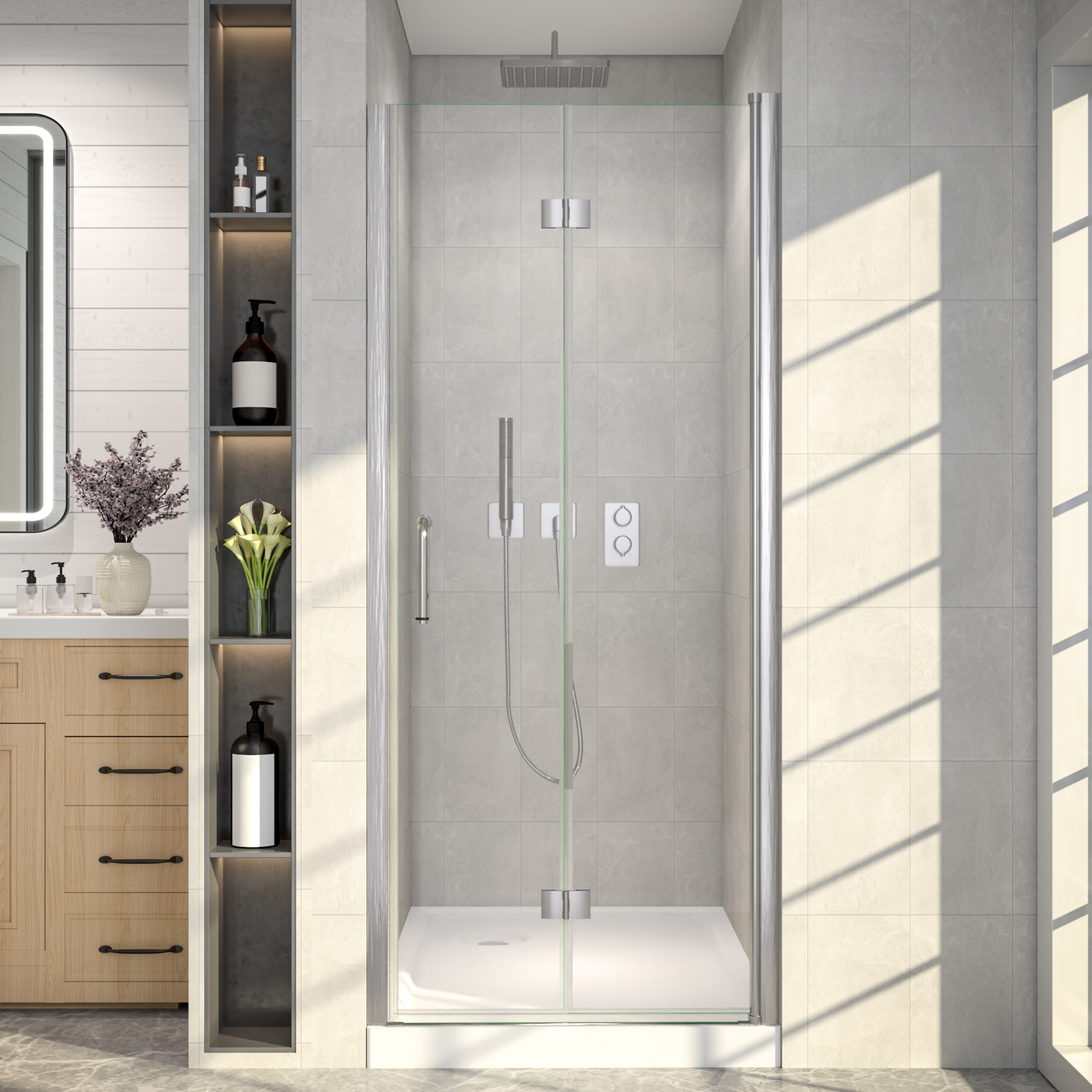 30 in. W x 72 in. H Semi-Frameless Pivot Folding Shower Door with 1/4" Clear Tempered Glass Reversible Installation