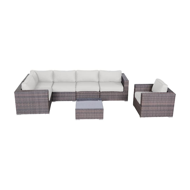 LSI 7 Piece Rattan Sunbrella Sectional Seating Group with Cushions - Brown Frame - Canvas Cushion