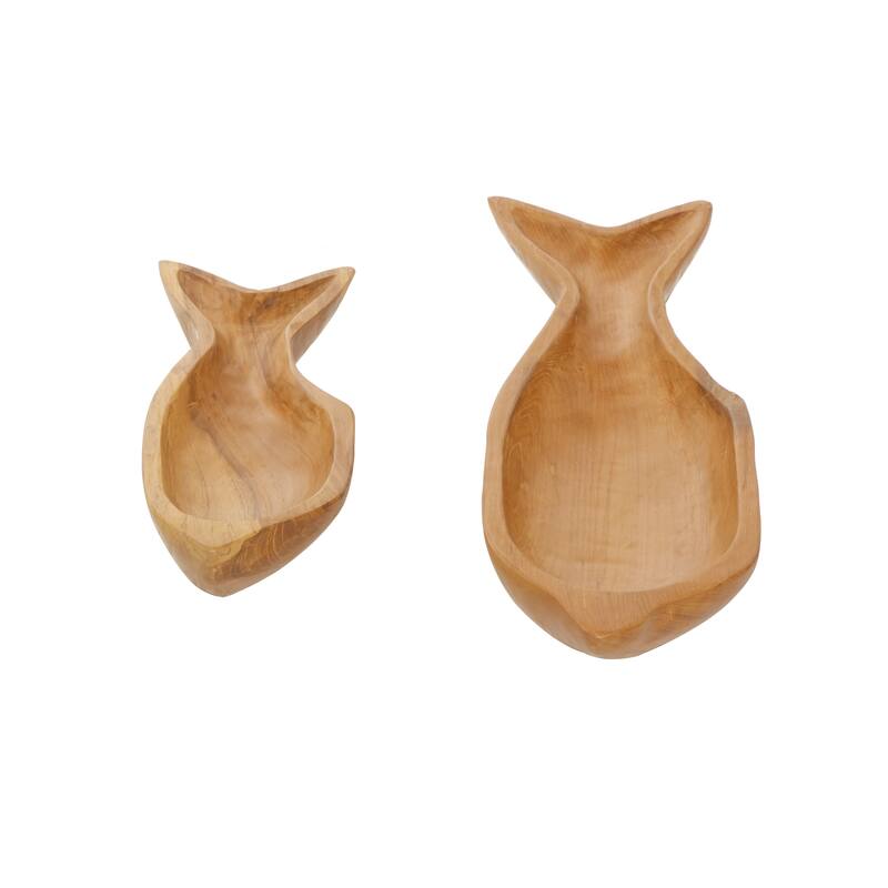 Brown Teak Wood Handmade Fish Living Room Decor Tray (Set of 2) - S/2 24", 16"W