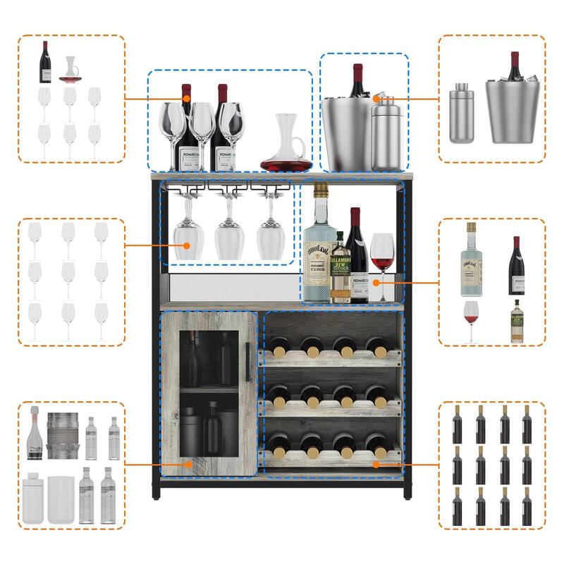 3-Tier Wine Bar Cabinet with Storage, Wine Rack & Glass Holder, Small Liquor Cabinet for Home, Black Corner Storage with Shelves