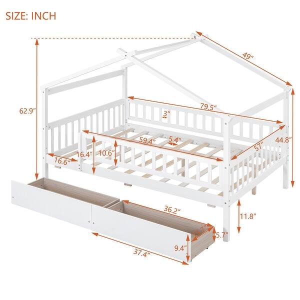 White Full Size Wooden House Bed with Two Drawers and Roof for Kids, Boys and Girls, Bedroom