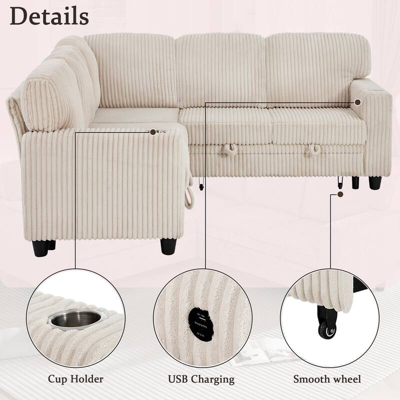 Oversized Corduroy Sectional Sleeper Sofa with Pull-Out Bed, L-Shaped 5-Seater Upholstered Couch Bed with USB Charging Ports