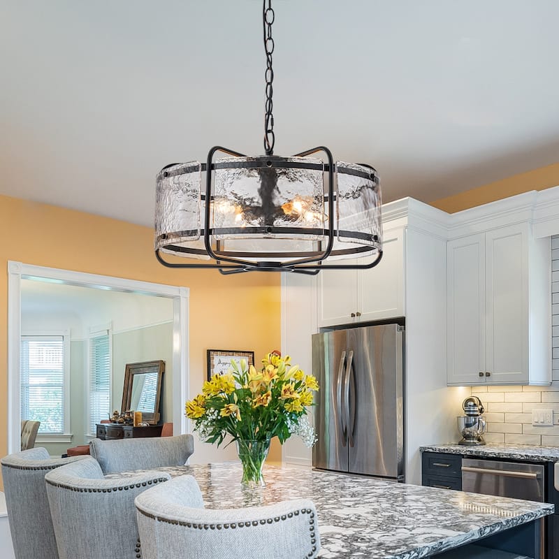 Modern 4-Light Hammered Glass Drum Chandelier Pendant Light - W17.91"