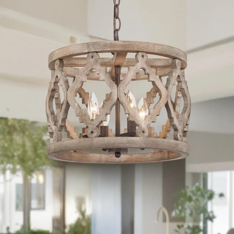 Farmhouse 4-Light Wood Drum Chandelier for Kitchen Island Foyer Dining Room