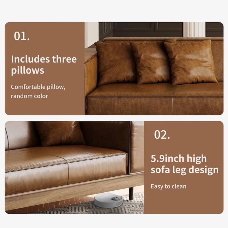 111.8'' Mid Century Modern 4 Seat Leather Sofa with Wide Armrests - 111.81"Wx36.61"Dx31.49"H