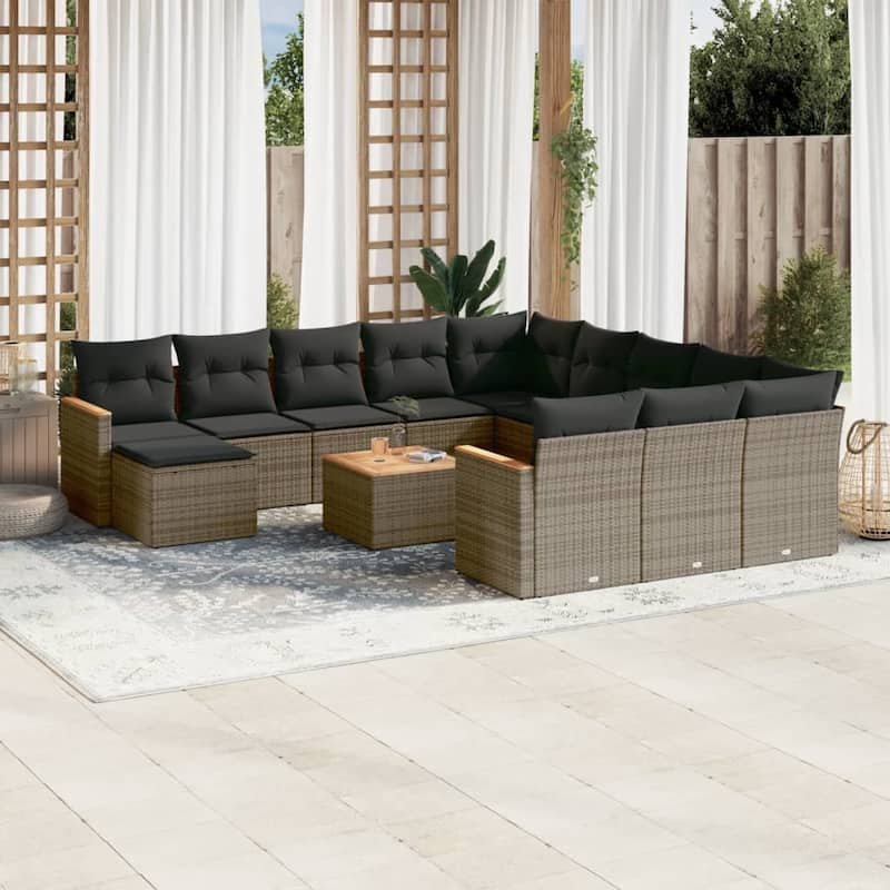 vidaXL Patio Sofa Set with Cushions Outdoor Conversation Furniture Poly Rattan - Gray with table - 24.4 x 24.4 x 27.2 in