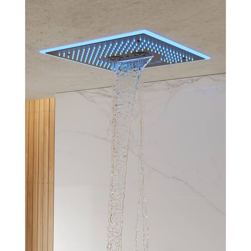 Shower Faucet Set Dual Heads with 3 Spray Modes 16" Ceiling and 6" Wall Mount Body Jets Handheld Spray LED Music