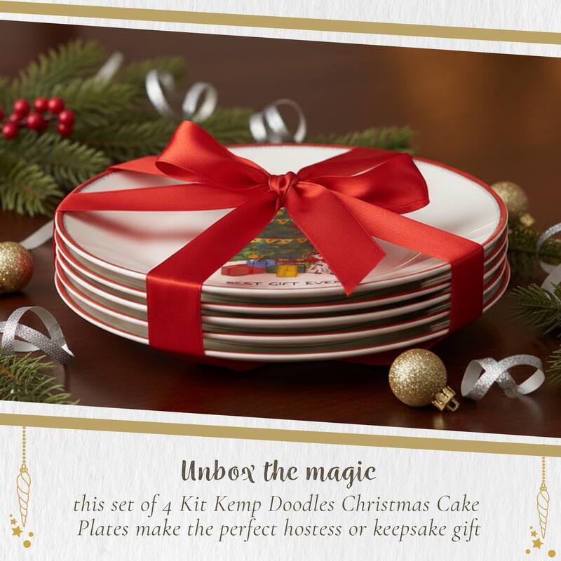 Spode Set of 4 Kit Kemp Doodles Christmas Cake Plates - 6-Inch