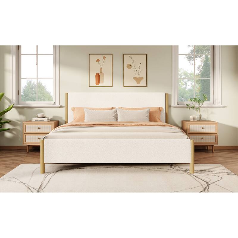 Roomfitters White Boucle Upholstered Bed with Rubberwood Legs, Modern Platform
