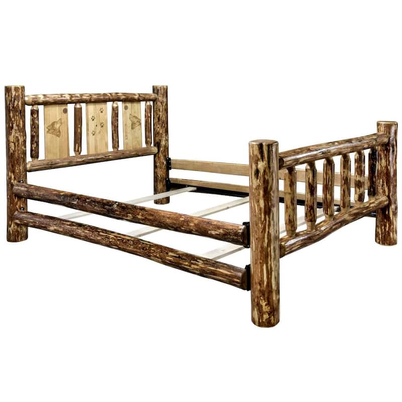 King Bed - Laser Engraved Wolf Design - Rustic Log Bed - Durable Mortise & Tenon Joinery - 94x80x47"