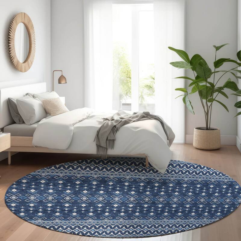 Machine Washable Indoor/ Outdoor Chantille Boho Morrocan Rug - Navy - 8' x 8'