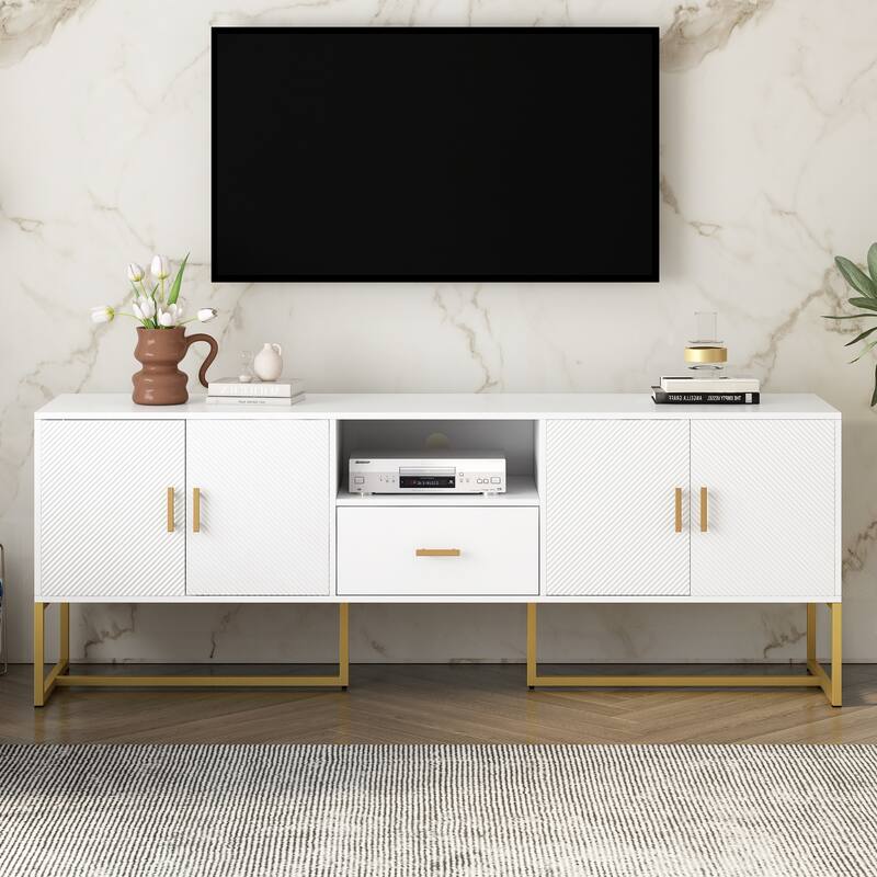 Roomfitters Modern TV Stand for up to 70 Inch TV, Media Cabinet with Drawer, Metal Legs and Safety Features, Black