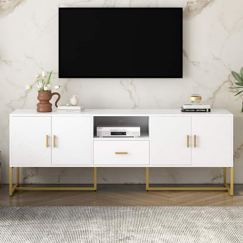 Wooden TV Stand with Irregular Legs Rectangular Decorative Media Center with Storage 4 Doors TV Cabinet for TV up to 70" - White