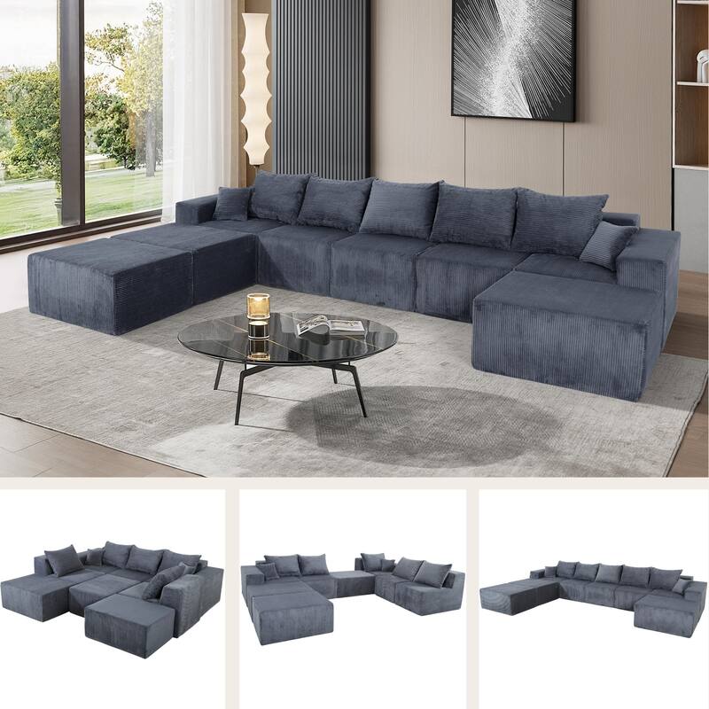 Modular Sleeper Sectional Sofa Bed Convertible Large Corduroy U-shaped Compressed Couch with Chaise Lounge and Spacious Seat - Grey