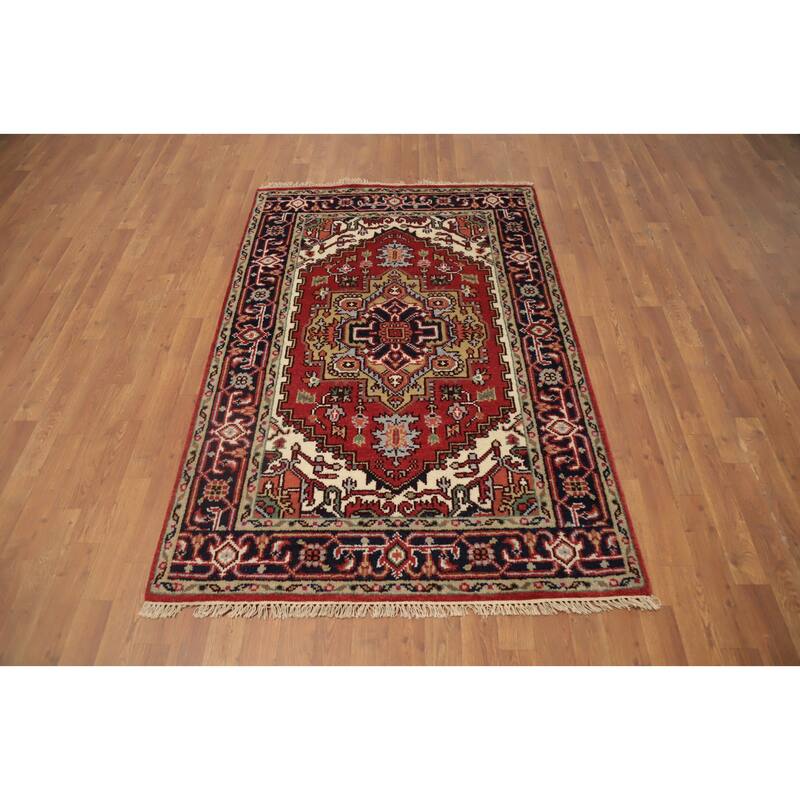 Hand Knotted Oriental 100% Wool Carpet Traditional Medallion Oranges & Rust Heriz (serapi) Area Rug - 5' 11'' X 3' 11''