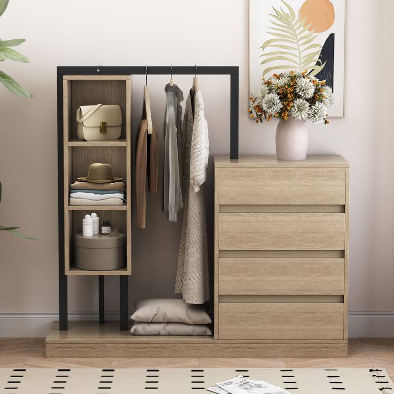 Modern Wardrobe with 4 Drawers and 3 Shelves - Natural