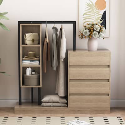 Open Wardrobe Portable Armoires with 4 Drawers and 3 Shelves, Natural